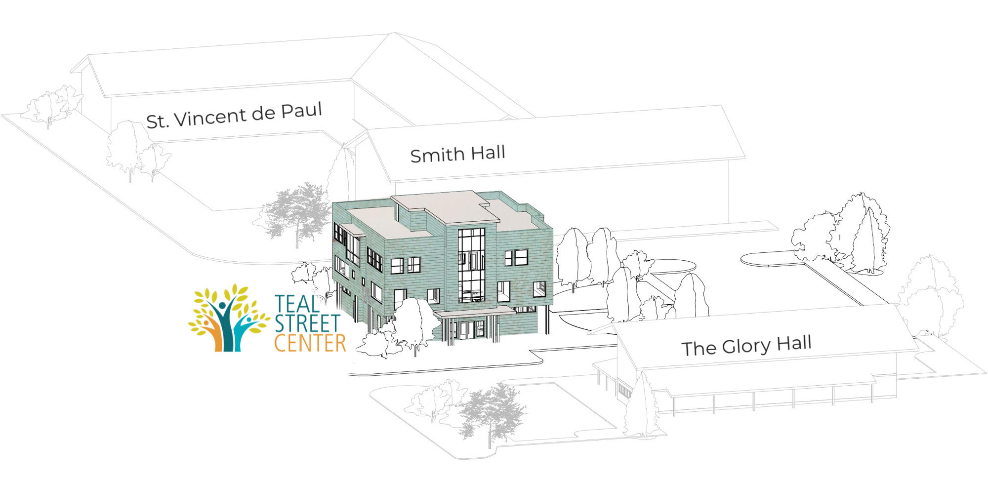 site plan that shows Teal St. Center in relation to the new Glory Hall homeless shelter, Smith Hall and St Vincent de Paul