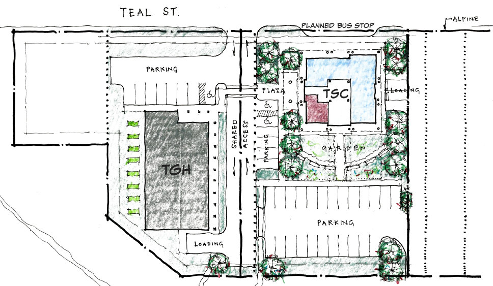 site plan showing the outlines of The Glory Hall and Teal Street Center buildings