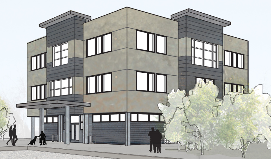 Artist's rendering of Teal Street Center, a three story building with light brown and grey siding.