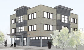 artist drawing of the future Teal Street Center, a three story office building with brown and taupe siding.