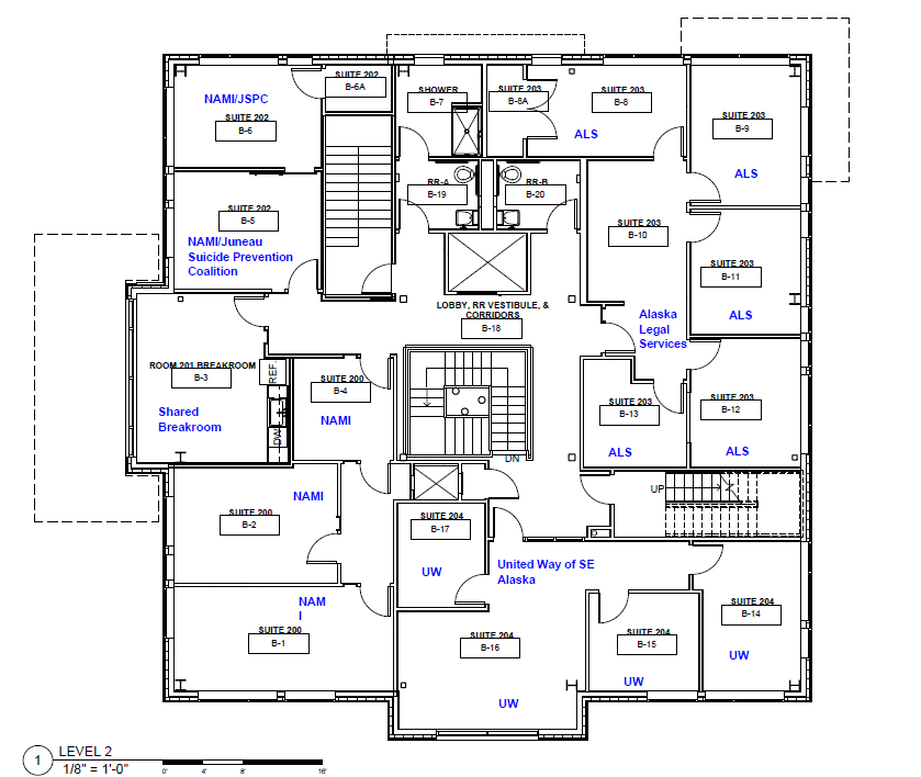 Second floor layout of Teal Street Center. Offices of NAMI and Juneau Suicide Prevention Coalition, Alaska Legal Services of United Way of SE Alaska.