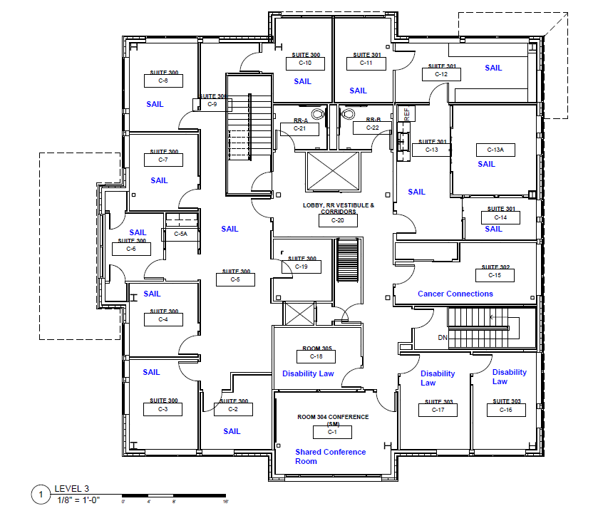 Third floor layout of Teal Street Center. Offices of SAIL, Cancer Connections and Disability Law