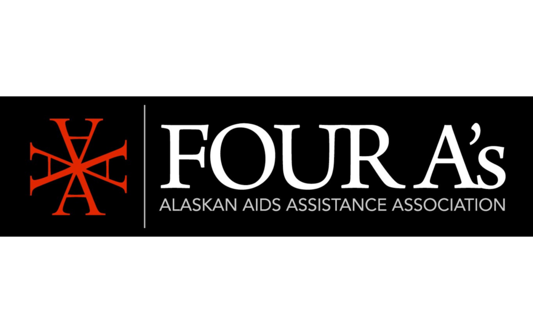 logo for Four A's Alaskan AIDS Assistance Association with a black background and white lettering next to a red star comprised of 4 A's.